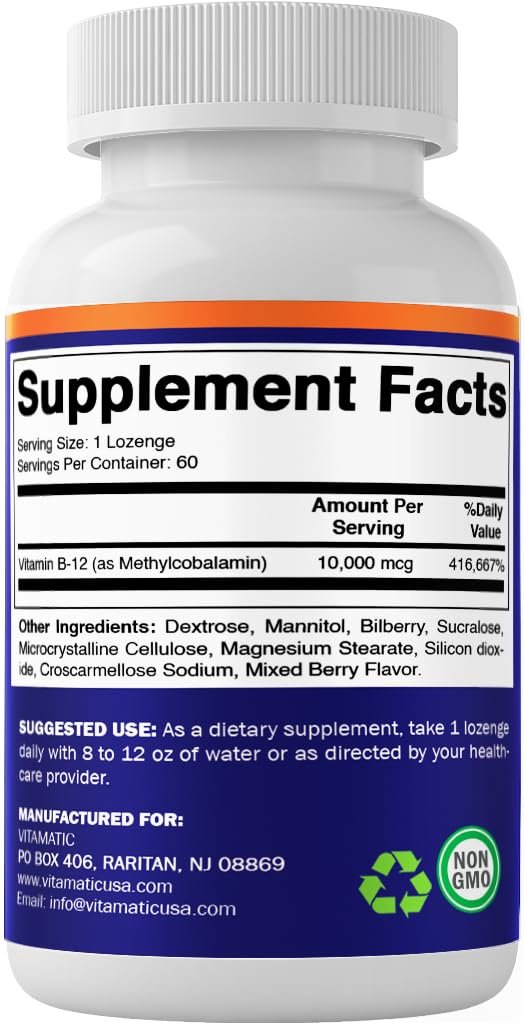 Vitamatic Methyl B12 (Methylcobalamin) 10.000 mcg – 60 Lutschtabletten – Hochwertige Vitamin B12 Quelle für Energie & Nervengesundheit
