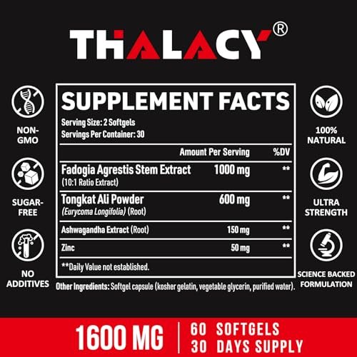 Thalacy 1600 mg Fadogia Agrestis Tongkat Ali Komplex – mit Ashwagandha, 60 Softgels