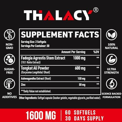 Thalacy 1600 mg Fadogia Agrestis Tongkat Ali Komplex – mit Ashwagandha, 60 Softgels