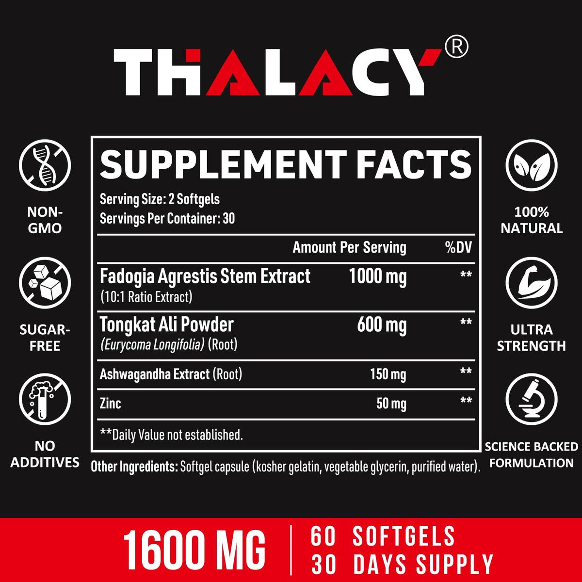 Thalacy 1600 mg Fadogia Agrestis Tongkat Ali Komplex – mit Ashwagandha, 60 Softgels
