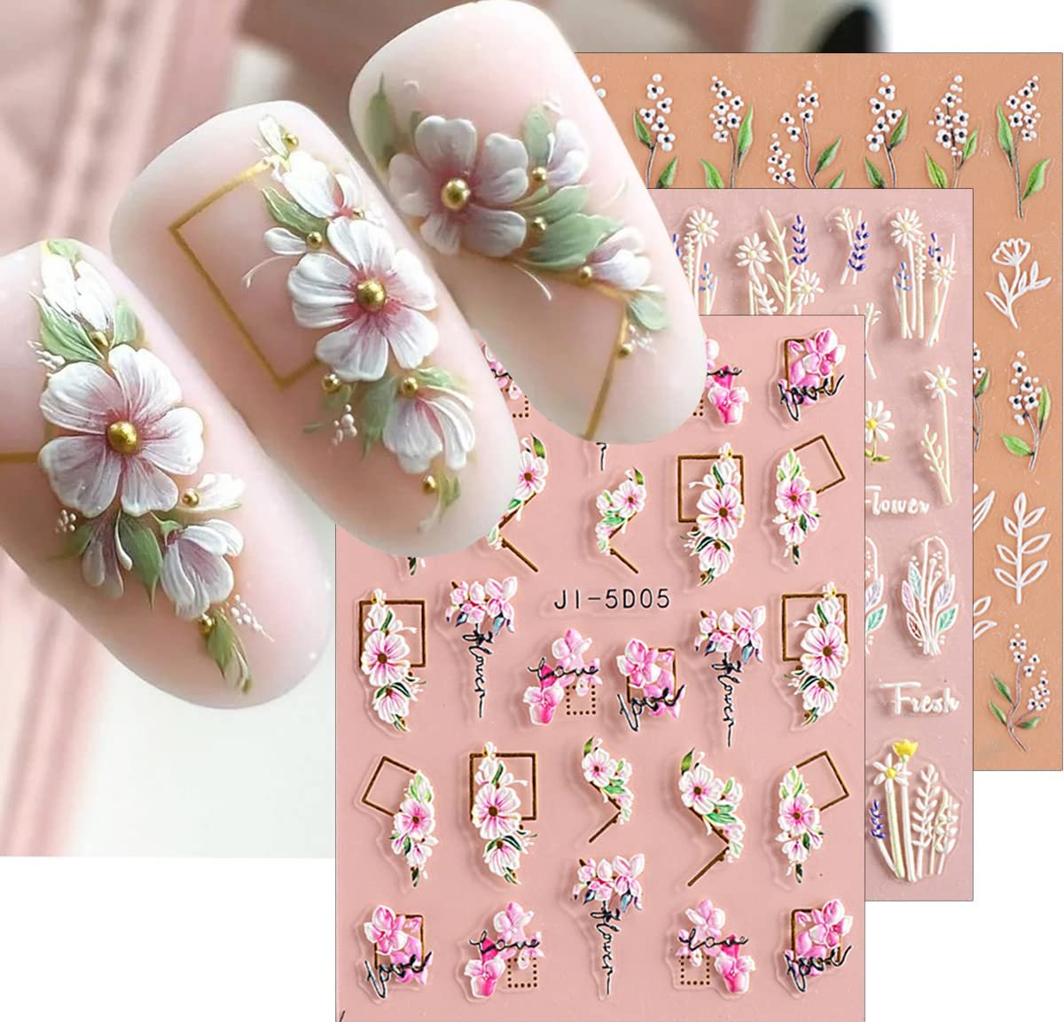 3D erhabene Blumen-Blätter-Nagelaufkleber, 4 Bögen, 5D selbstklebende Nagelverzierungen, sommerliche Nagelbedarf, Nageldesign-Dekoration