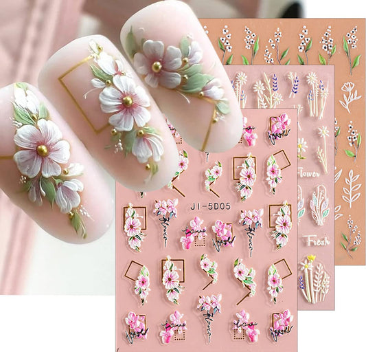3D erhabene Blumen-Blätter-Nagelaufkleber, 4 Bögen, 5D selbstklebende Nagelverzierungen, sommerliche Nagelbedarf, Nageldesign-Dekoration