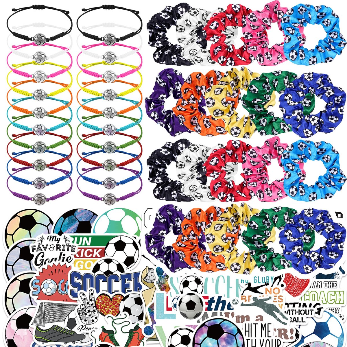 Fußball-Party-Set mit 20 Satin-Fußball-Scrunchies-Haarbändern, 20 verstellbaren Fußball-Armbändern und 100 Fußball-Aufklebern – Sportliche Party-Dekoration für Fußball-Geburtstagsfeiern (140-teilig)