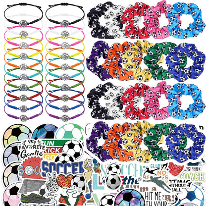 Fußball-Party-Set mit 20 Satin-Fußball-Scrunchies-Haarbändern, 20 verstellbaren Fußball-Armbändern und 100 Fußball-Aufklebern – Sportliche Party-Dekoration für Fußball-Geburtstagsfeiern (140-teilig)