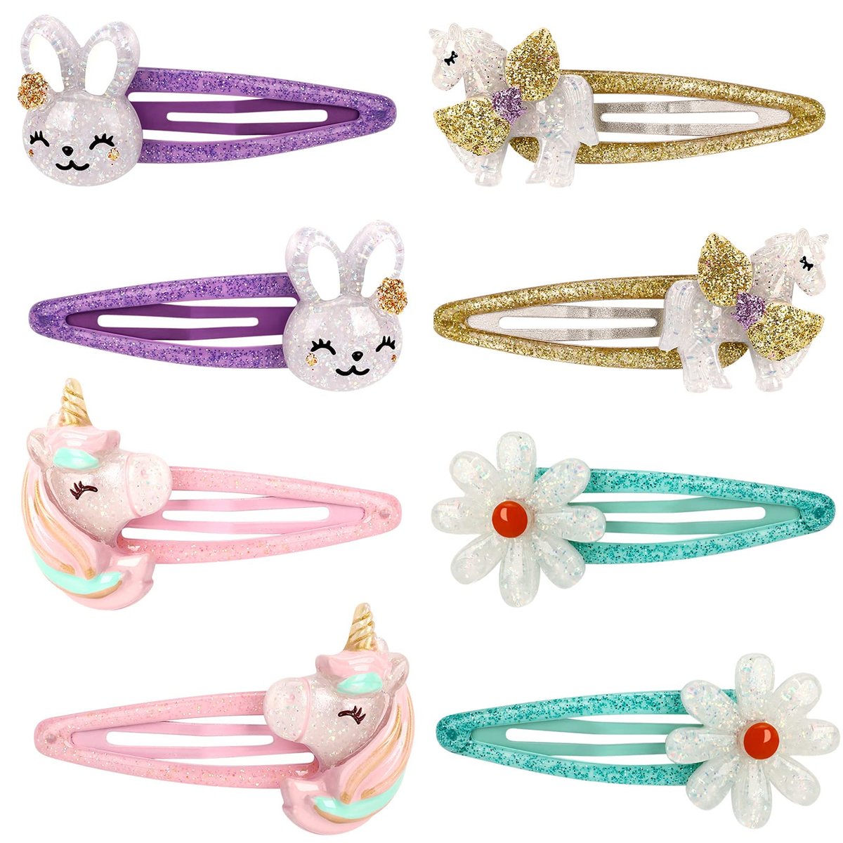 Wingchold Mädchen Blumen-Schnapp-Haarclips, 8 Stück Einhorn-Rutschfeste Metall-Haarspangen, Glitzernde Einhorn-Haaraccessoires für Kleinkinder und Kinder, Bunte Hasen-Barrette-Haarnadeln, Party-Geburtstagsgeschenke