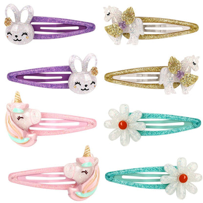 Wingchold Mädchen Blumen-Schnapp-Haarclips, 8 Stück Einhorn-Rutschfeste Metall-Haarspangen, Glitzernde Einhorn-Haaraccessoires für Kleinkinder und Kinder, Bunte Hasen-Barrette-Haarnadeln, Party-Geburtstagsgeschenke