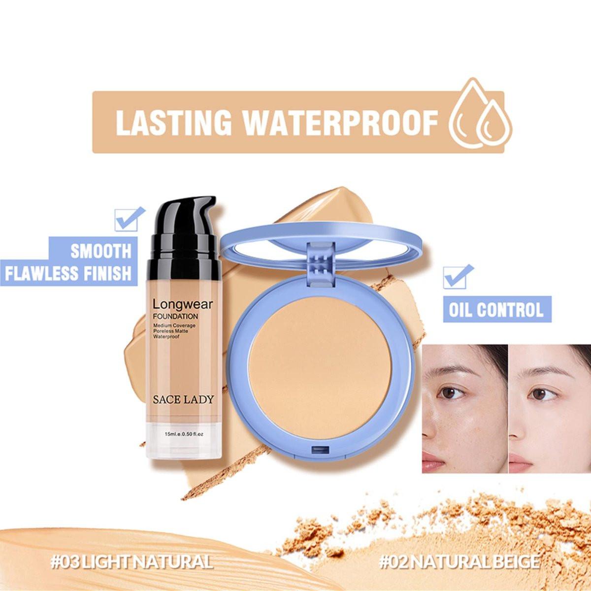 SACE LADY 2-teiliges Make-up-Set: Mattes Foundation & ölkontrollierendes Puder – wasserfestes, langanhaltendes Kosmetik-Set für makellosen Teint