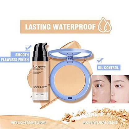 SACE LADY 2-teiliges Make-up-Set: Mattes Foundation & ölkontrollierendes Puder – wasserfestes, langanhaltendes Kosmetik-Set für makellosen Teint