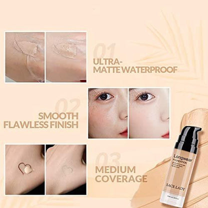 SACE LADY 2-teiliges Make-up-Set: Mattes Foundation & ölkontrollierendes Puder – wasserfestes, langanhaltendes Kosmetik-Set für makellosen Teint