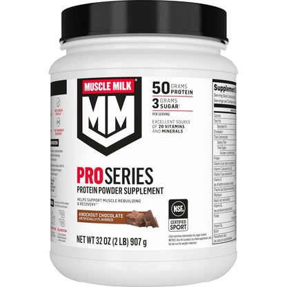 Muscle Milk Pro Series Protein Pulver, Knockout Chocolate, 2 Pfund, 11 Portionen, 50g Protein, 3g Zucker, 20 Vitamine & Mineralien, NSF für Sport zertifiziert