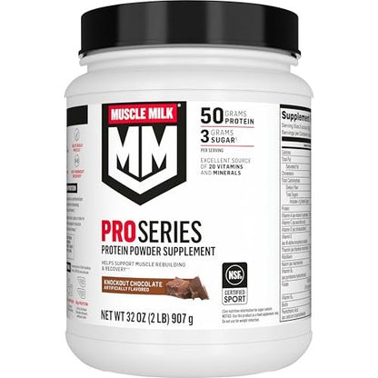 Muscle Milk Pro Series Protein Pulver, Knockout Chocolate, 2 Pfund, 11 Portionen, 50g Protein, 3g Zucker, 20 Vitamine & Mineralien, NSF für Sport zertifiziert