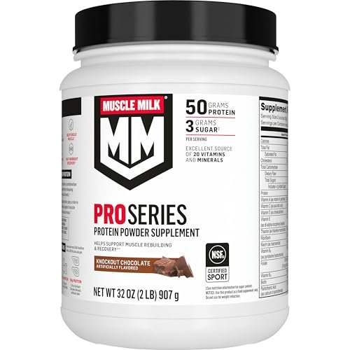 Muscle Milk Pro Series Protein Pulver, Knockout Chocolate, 2 Pfund, 11 Portionen, 50g Protein, 3g Zucker, 20 Vitamine & Mineralien, NSF für Sport zertifiziert