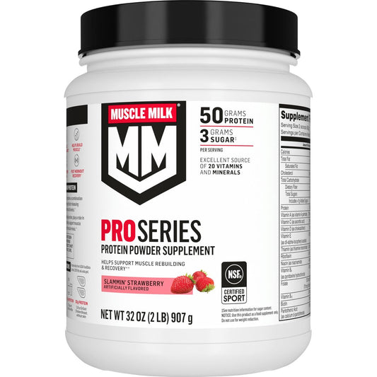 Muscle Milk Pro Series Proteinpulver, Slammin' Strawberry, 2 Pfund, 11 Portionen, 50g Protein, 3g Zucker, 20 Vitamine & Mineralstoffe, NSF zertifiziert für Sport