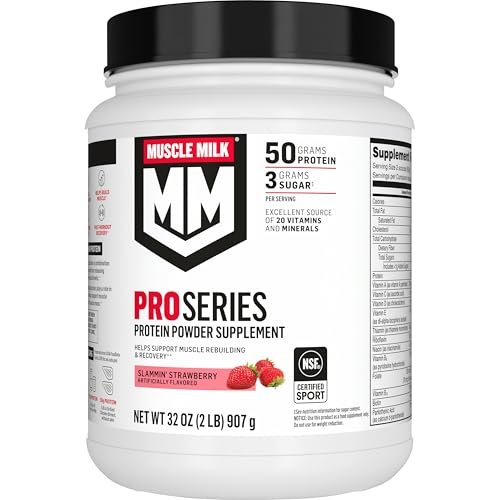 Muscle Milk Pro Series Proteinpulver, Slammin' Strawberry, 2 Pfund, 11 Portionen, 50g Protein, 3g Zucker, 20 Vitamine & Mineralstoffe, NSF zertifiziert für Sport