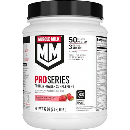 Muscle Milk Pro Series Proteinpulver, Slammin' Strawberry, 2 Pfund, 11 Portionen, 50g Protein, 3g Zucker, 20 Vitamine & Mineralstoffe, NSF zertifiziert für Sport