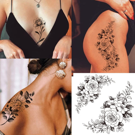 Tazimi 10 Blätter 3D Schwarze Blumenrose Temporäre Tattoos für Frauen, Wasserdichte Faux-Körperkunst Arm-Skizze Tattoo-Aufkleber für Frauen Mädchen