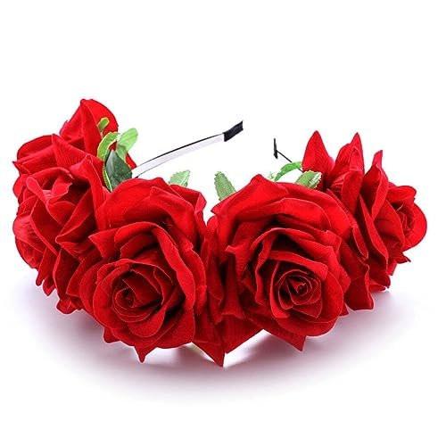 Beaupretty Rote Blumenkrone für den Tag der Toten – Kopfschmuck Hochzeit Haarkranz Rosen Blumenreif für Halloween Party Cosplay