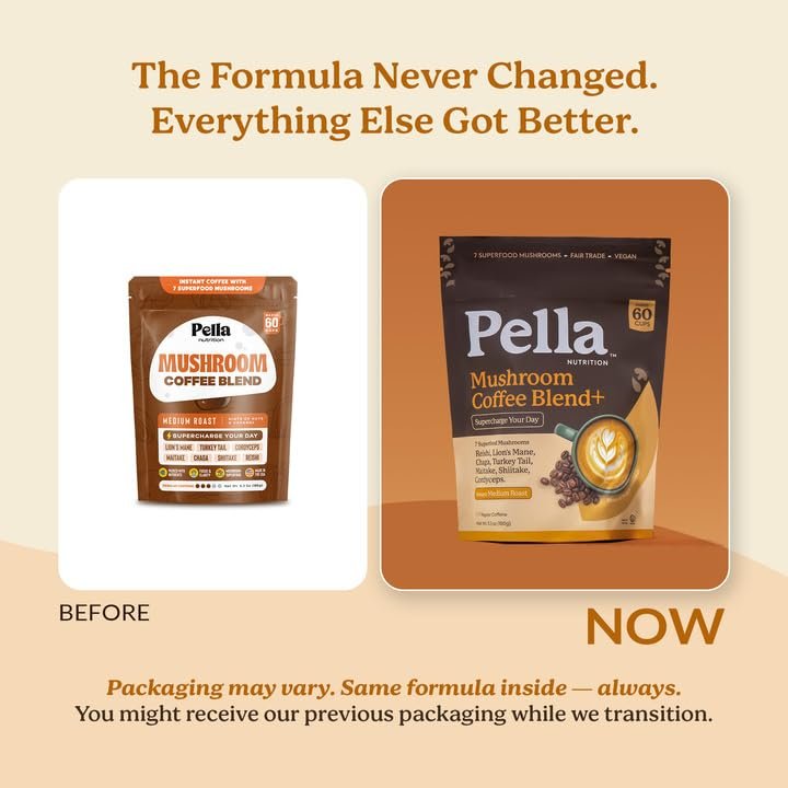 Pella Nutrition Pilz-Kaffee – Löwenmähne, Reishi, Chaga, Cordyceps, Shiitake, Maitake und Truthahnschwanz – Superfood-Instantkaffee für Fokus & Energie (reguläres Koffein, 60 Tassen)