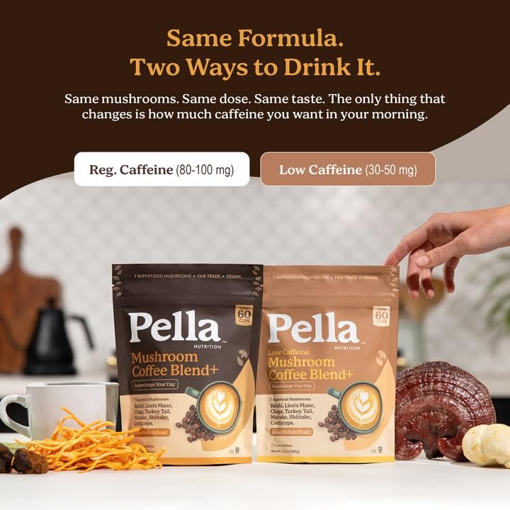 Pella Nutrition Pilz-Kaffee – Löwenmähne, Reishi, Chaga, Cordyceps, Shiitake, Maitake und Truthahnschwanz – Superfood-Instantkaffee für Fokus & Energie (reguläres Koffein, 60 Tassen)