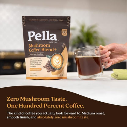 Pella Nutrition Pilz-Kaffee – Löwenmähne, Reishi, Chaga, Cordyceps, Shiitake, Maitake und Truthahnschwanz – Superfood-Instantkaffee für Fokus & Energie (reguläres Koffein, 60 Tassen)