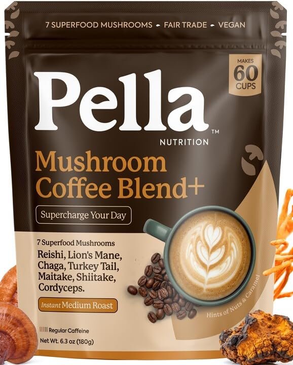 Pella Nutrition Pilz-Kaffee – Löwenmähne, Reishi, Chaga, Cordyceps, Shiitake, Maitake und Truthahnschwanz – Superfood-Instantkaffee für Fokus & Energie (reguläres Koffein, 60 Tassen)