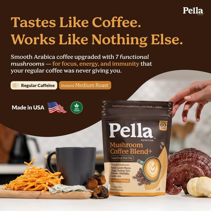 Pella Nutrition Pilz-Kaffee – Löwenmähne, Reishi, Chaga, Cordyceps, Shiitake, Maitake und Truthahnschwanz – Superfood-Instantkaffee für Fokus & Energie (reguläres Koffein, 60 Tassen)