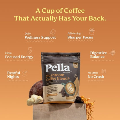 Pella Nutrition Pilz-Kaffee – Löwenmähne, Reishi, Chaga, Cordyceps, Shiitake, Maitake und Truthahnschwanz – Superfood-Instantkaffee für Fokus & Energie (reguläres Koffein, 60 Tassen)
