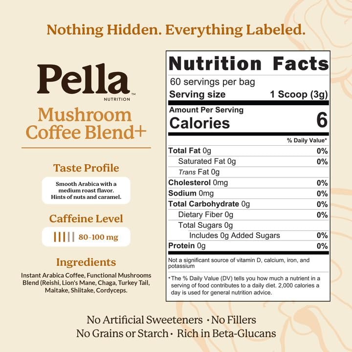 Pella Nutrition Pilz-Kaffee – Löwenmähne, Reishi, Chaga, Cordyceps, Shiitake, Maitake und Truthahnschwanz – Superfood-Instantkaffee für Fokus & Energie (reguläres Koffein, 60 Tassen)