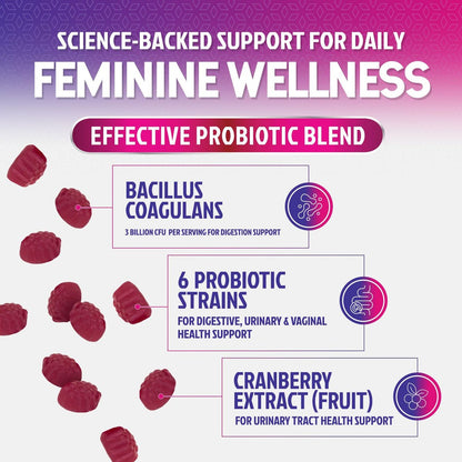 Nature's Nutrition Probiotika für Frauen Gummis mit Cranberry – 6 Premium-Stämme für pH-Gleichgewicht, Verdauungsgesundheit, vaginale & Immununterstützung, weibliche Probiotika-Gummis – 60 Gummis