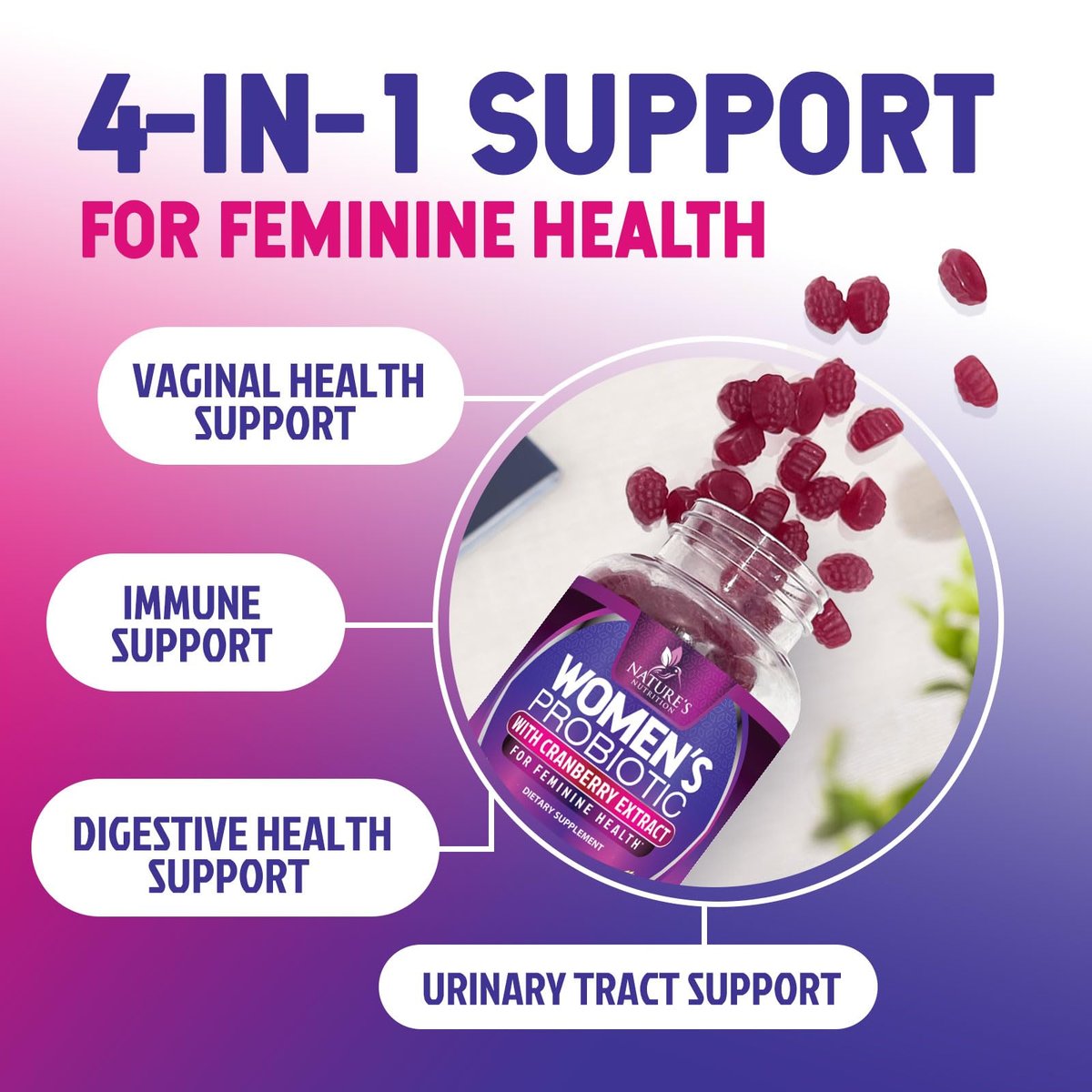 Nature's Nutrition Probiotika für Frauen Gummis mit Cranberry – 6 Premium-Stämme für pH-Gleichgewicht, Verdauungsgesundheit, vaginale & Immununterstützung, weibliche Probiotika-Gummis – 60 Gummis