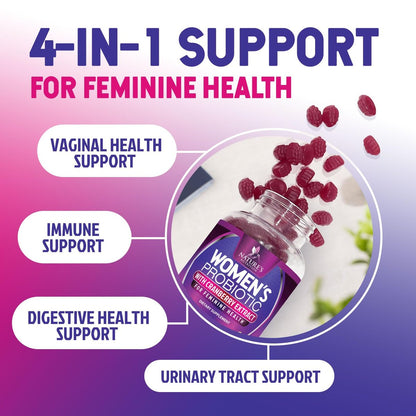 Nature's Nutrition Probiotika für Frauen Gummis mit Cranberry – 6 Premium-Stämme für pH-Gleichgewicht, Verdauungsgesundheit, vaginale & Immununterstützung, weibliche Probiotika-Gummis – 60 Gummis