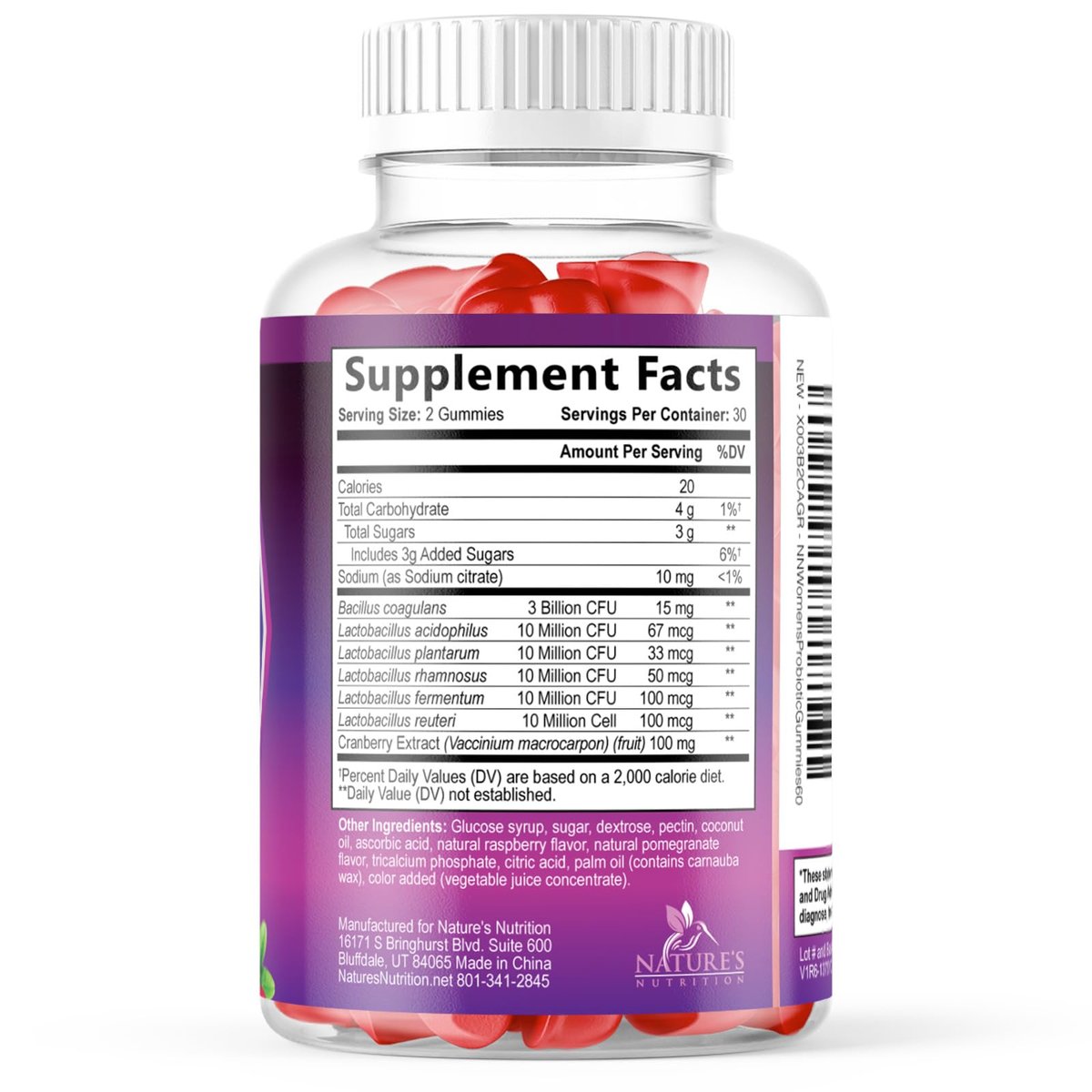 Nature's Nutrition Probiotika für Frauen Gummis mit Cranberry – 6 Premium-Stämme für pH-Gleichgewicht, Verdauungsgesundheit, vaginale & Immununterstützung, weibliche Probiotika-Gummis – 60 Gummis