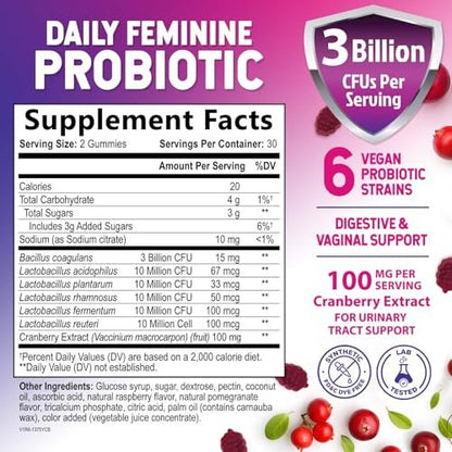 Nature's Nutrition Probiotika für Frauen Gummis mit Cranberry – 6 Premium-Stämme für pH-Gleichgewicht, Verdauungsgesundheit, vaginale & Immununterstützung, weibliche Probiotika-Gummis – 60 Gummis