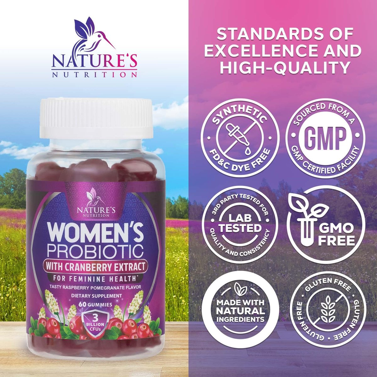 Nature's Nutrition Probiotika für Frauen Gummis mit Cranberry – 6 Premium-Stämme für pH-Gleichgewicht, Verdauungsgesundheit, vaginale & Immununterstützung, weibliche Probiotika-Gummis – 60 Gummis