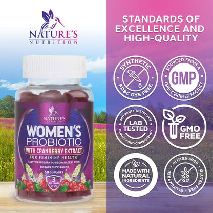 Nature's Nutrition Probiotika für Frauen Gummis mit Cranberry – 6 Premium-Stämme für pH-Gleichgewicht, Verdauungsgesundheit, vaginale & Immununterstützung, weibliche Probiotika-Gummis – 60 Gummis