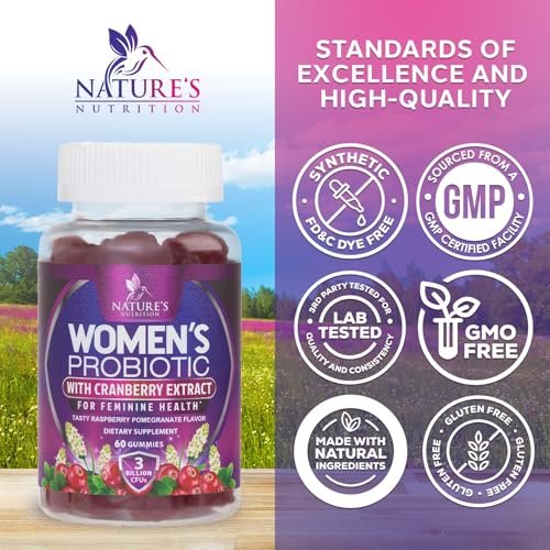Nature's Nutrition Probiotika für Frauen Gummis mit Cranberry – 6 Premium-Stämme für pH-Gleichgewicht, Verdauungsgesundheit, vaginale & Immununterstützung, weibliche Probiotika-Gummis – 60 Gummis