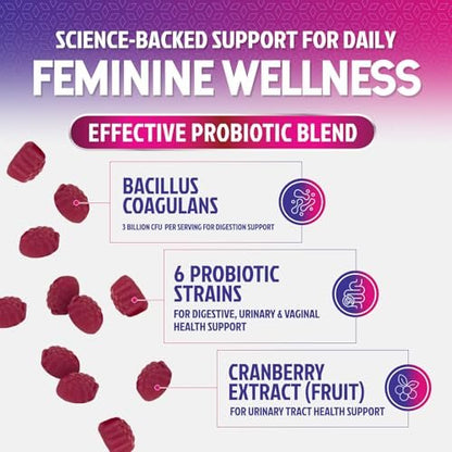 Nature's Nutrition Probiotika für Frauen Gummis mit Cranberry – 6 Premium-Stämme für pH-Gleichgewicht, Verdauungsgesundheit, vaginale & Immununterstützung, weibliche Probiotika-Gummis – 60 Gummis