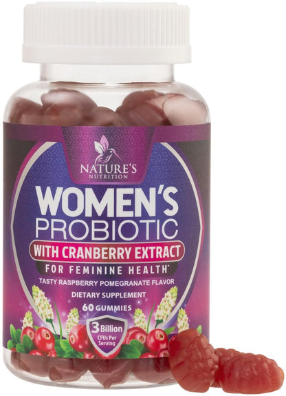 Nature's Nutrition Probiotika für Frauen Gummis mit Cranberry – 6 Premium-Stämme für pH-Gleichgewicht, Verdauungsgesundheit, vaginale & Immununterstützung, weibliche Probiotika-Gummis – 60 Gummis