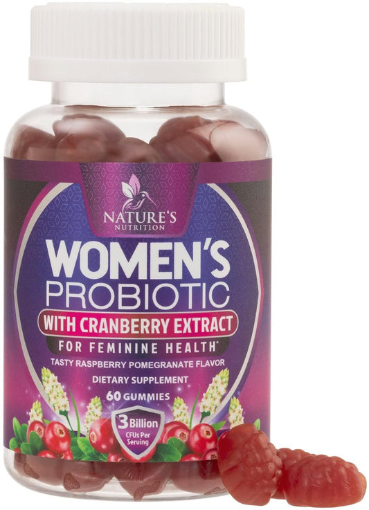 Nature's Nutrition Probiotika für Frauen Gummis mit Cranberry – 6 Premium-Stämme für pH-Gleichgewicht, Verdauungsgesundheit, vaginale & Immununterstützung, weibliche Probiotika-Gummis – 60 Gummis