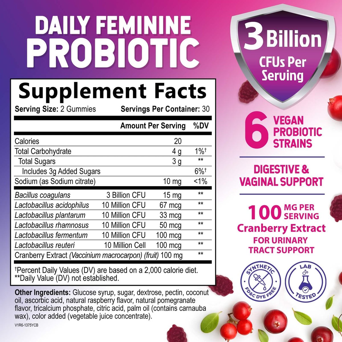 Nature's Nutrition Probiotika für Frauen Gummis mit Cranberry – 6 Premium-Stämme für pH-Gleichgewicht, Verdauungsgesundheit, vaginale & Immununterstützung, weibliche Probiotika-Gummis – 60 Gummis