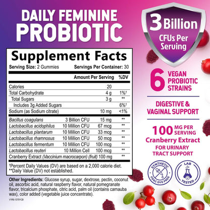 Nature's Nutrition Probiotika für Frauen Gummis mit Cranberry – 6 Premium-Stämme für pH-Gleichgewicht, Verdauungsgesundheit, vaginale & Immununterstützung, weibliche Probiotika-Gummis – 60 Gummis
