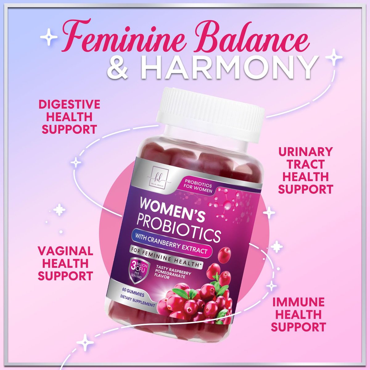 Probiotika für Frauen Gummibärchen mit Cranberry – 6 Premium-Stämme für pH-Balance – Frauenprobiotika für Verdauungs-, Vaginal- und Immununterstützung – 60 Gummibärchen