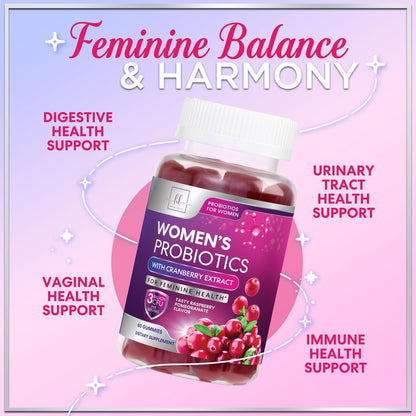 Probiotika für Frauen Gummibärchen mit Cranberry – 6 Premium-Stämme für pH-Balance – Frauenprobiotika für Verdauungs-, Vaginal- und Immununterstützung – 60 Gummibärchen