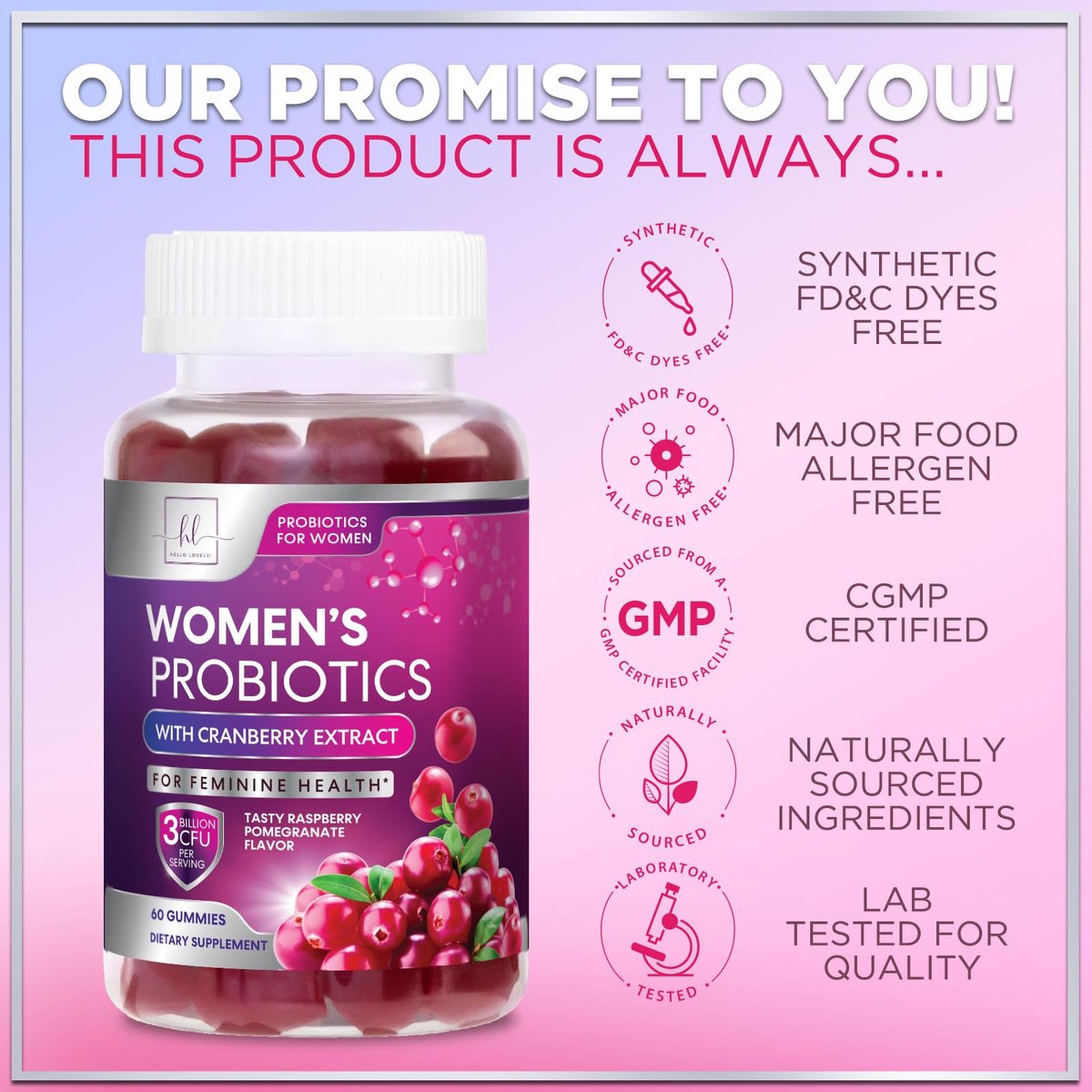 Probiotika für Frauen Gummibärchen mit Cranberry – 6 Premium-Stämme für pH-Balance – Frauenprobiotika für Verdauungs-, Vaginal- und Immununterstützung – 60 Gummibärchen