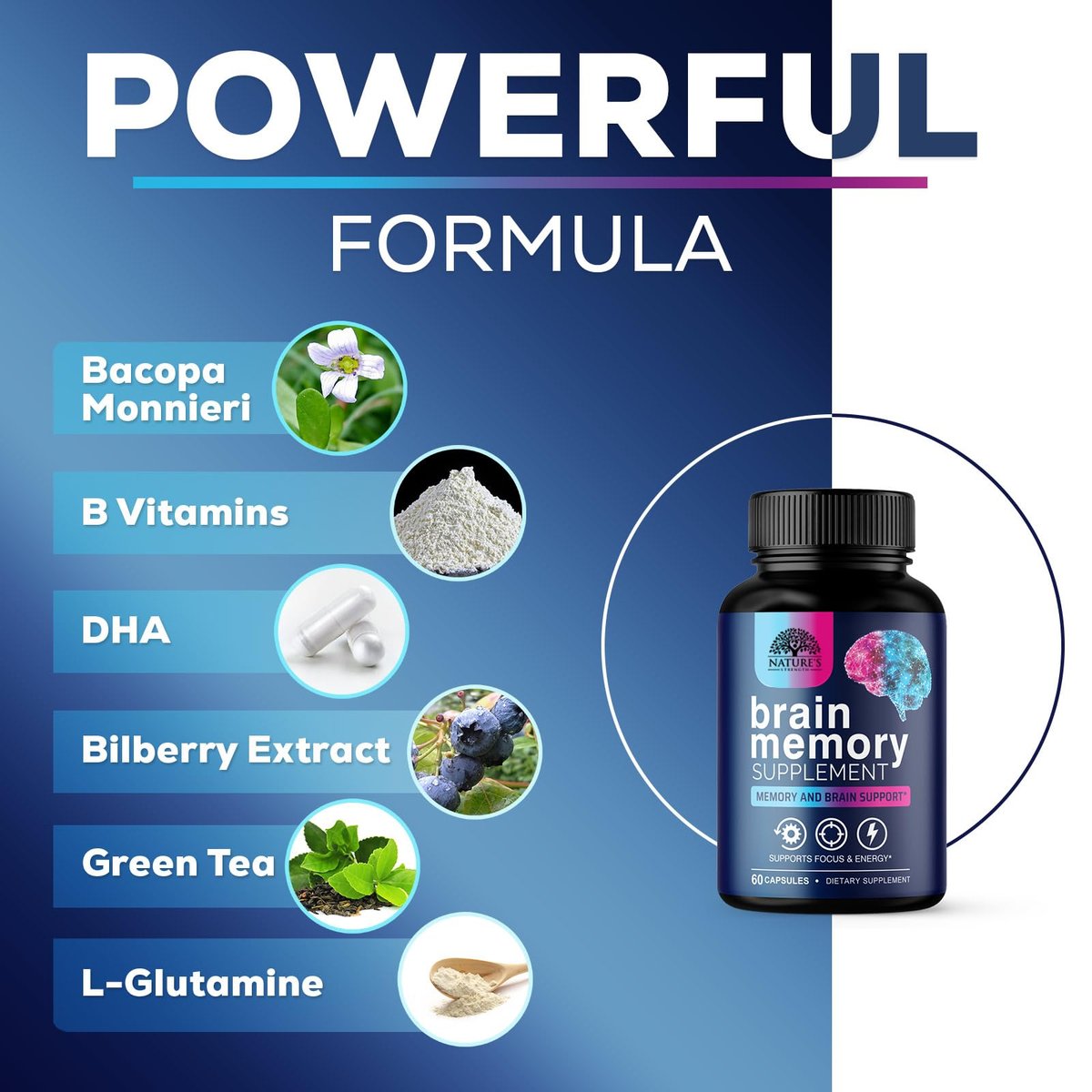 Gehirn Gedächtnis Ergänzung Kapseln - 3X Stärke Nootropika für Konzentration, Klarheit & Fokus Unterstützung - Gehirn Gesundheit Kognitive Vitamine mit Bacopa, Phosphatidylserin & DMAE, Gehirn Booster - 60 Kapseln
