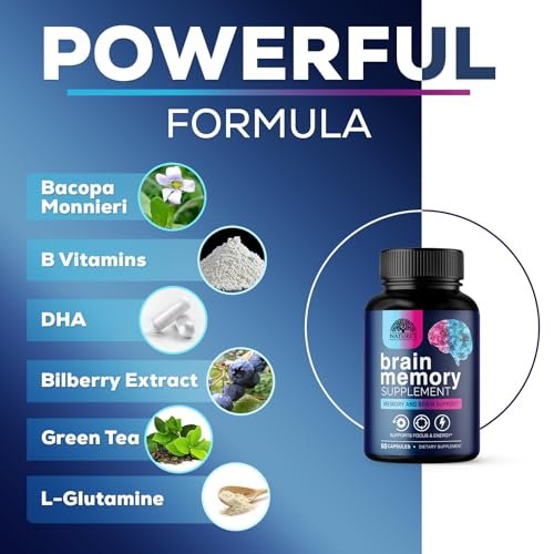 Gehirn Gedächtnis Ergänzung Kapseln - 3X Stärke Nootropika für Konzentration, Klarheit & Fokus Unterstützung - Gehirn Gesundheit Kognitive Vitamine mit Bacopa, Phosphatidylserin & DMAE, Gehirn Booster - 60 Kapseln