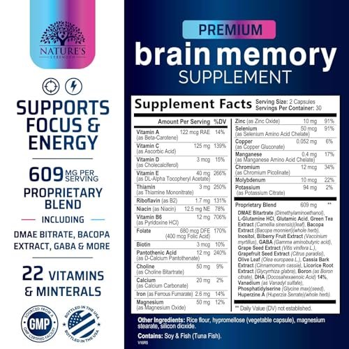 Gehirn Gedächtnis Ergänzung Kapseln - 3X Stärke Nootropika für Konzentration, Klarheit & Fokus Unterstützung - Gehirn Gesundheit Kognitive Vitamine mit Bacopa, Phosphatidylserin & DMAE, Gehirn Booster - 60 Kapseln