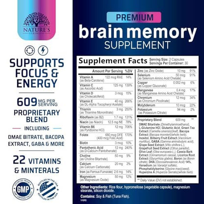Gehirn Gedächtnis Ergänzung Kapseln - 3X Stärke Nootropika für Konzentration, Klarheit & Fokus Unterstützung - Gehirn Gesundheit Kognitive Vitamine mit Bacopa, Phosphatidylserin & DMAE, Gehirn Booster - 60 Kapseln