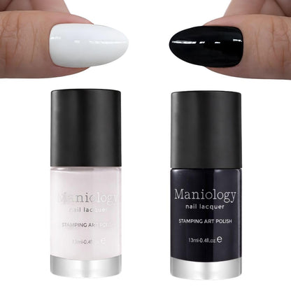 Maniology Schwarz & Weiß Duo Stempel-Nagellack Set | Basisfarben für präzise Nailart und DIY-Maniküre – 13 ml Flaschen (2er-Pack)