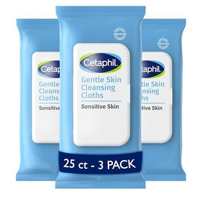 Cetaphil Gesichtstücher und Körperreinigungstücher, sanfte Reinigungstücher für trockene, empfindliche Haut, 25 Tücher (3er-Pack), hypoallergen, parfümfrei